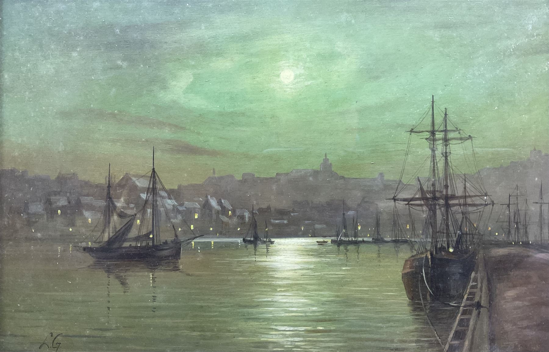 Circle of Louis Hubbard Grimshaw (British 1870-1944): Harbour by Moonlight, oil on panel signed with initials LG 19cm x 30cm 