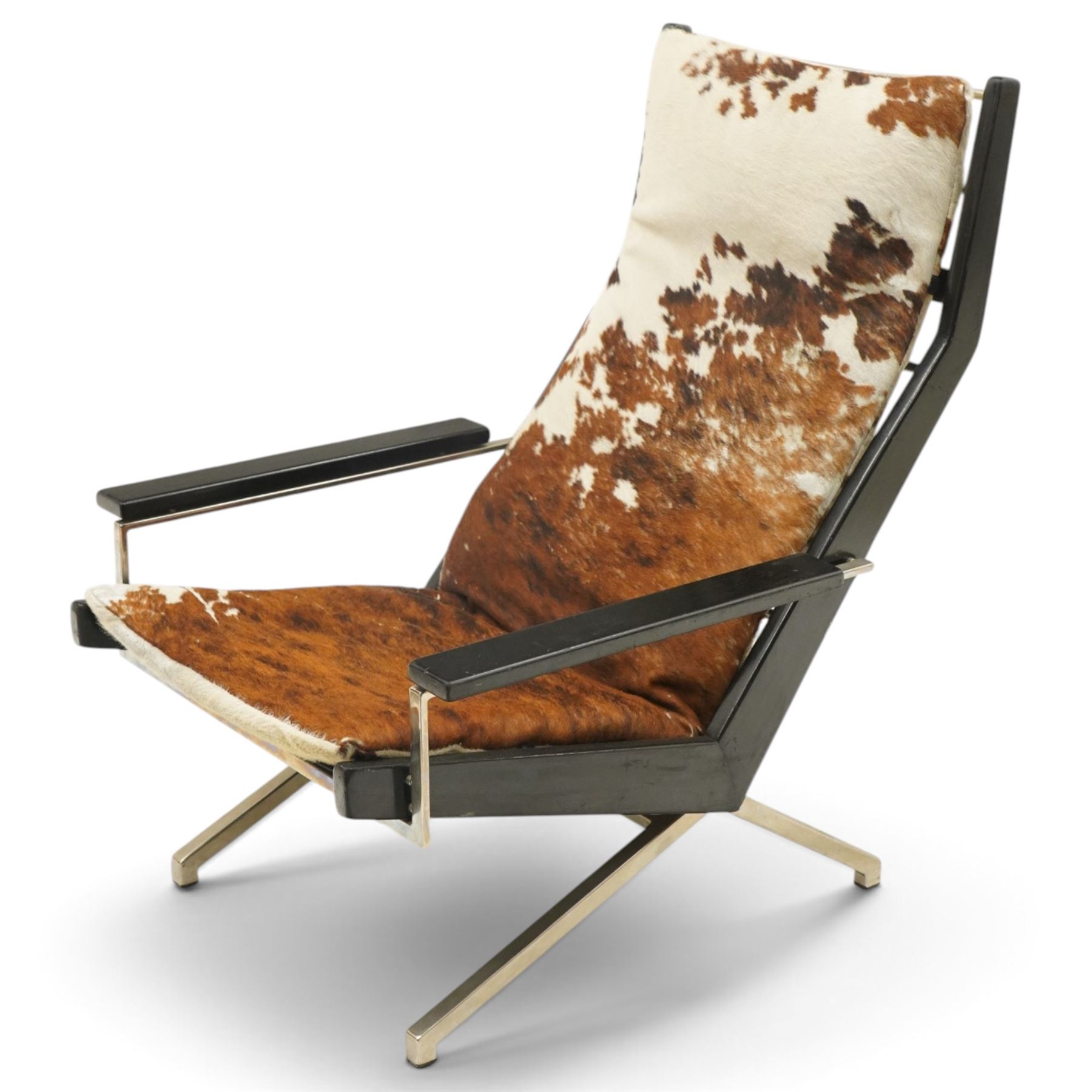 Rob Parry for Gelderland - 1960s 'Lotus' chair, cowhide upholstered seat cushion, with elasticated webbing to the back and fixed webbing to the seat, ebonised wood and chrome frame