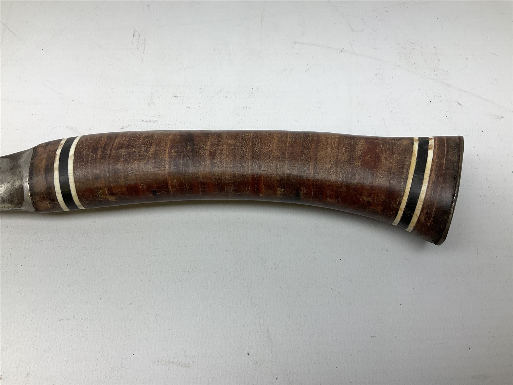 Estwing Black Eagle style double bit throwing axe with leather grip, virtually mint with labels present, plastic blade protectors and nylon sheath L43cm; another smaller Estwing axe stamped 24A to the pommel, with leather grip and sheath; and a vintage short handled hedge knife, the blade stamped IH (?) No.2 (3)