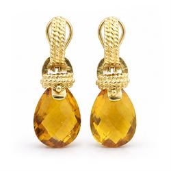 Pair of 18ct gold citrine pendant earrings, each stud with a rope twist half hoop, suspend...
