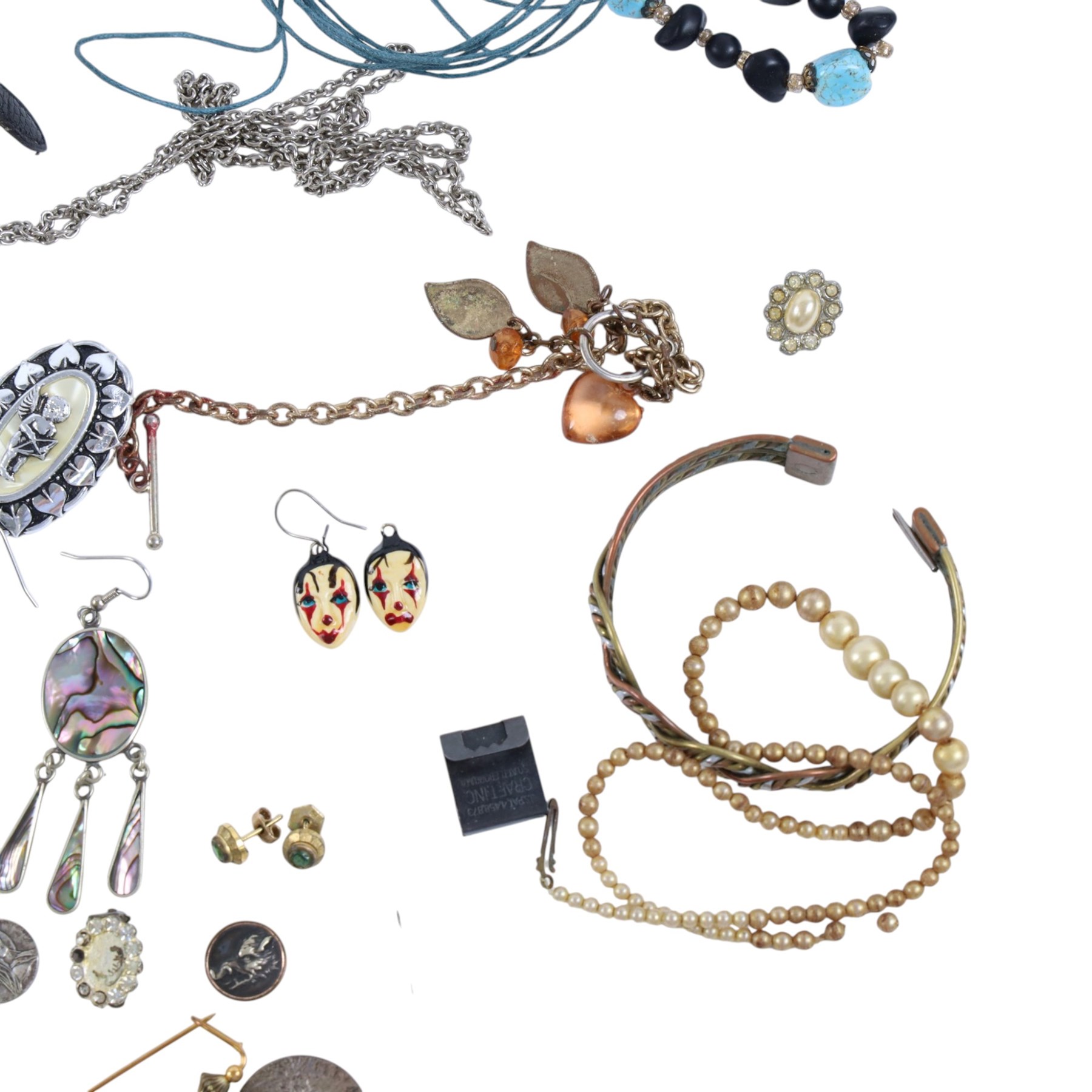 Silver collared glass bottle and a collection of costume jewellery, including beaded necklaces, ring, wristwatch, etc