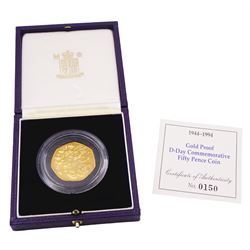 Queen Elizabeth II 1994 gold proof 'D-Day Commemorative' fifty pence coin, cased with certificate