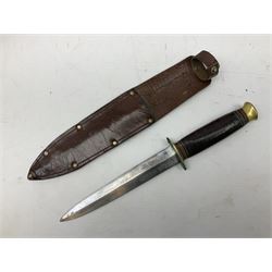 WW2 fighting knife, the 17cm double edged blade marked Taylor 'Eye' Witness Sheffield, with brass crosspiece and pommel and leather bound grip, in leather scabbard L30cm overall; pair of Carl Zeiss Jena binoculars inscribed 'J.J. White 85th L.Y.', in leather case; and quantity of cap badges, buttons etc including Royal Canadian Navy, Royal Artillery, Royal Engineers, Royal Armoured Corps, Lancers etc