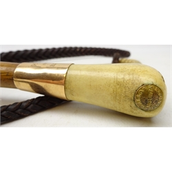  Edwardian bamboo riding crop with antler handle and gold mount engraved 'H.W From Babs' retailed by Callow, London   