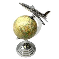Art Deco style aluminium globe with aeroplane finial, H31cm