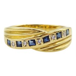 18ct gold channel set calibre cut sapphire and round cut diamond crossover ring, London import mark 1992
