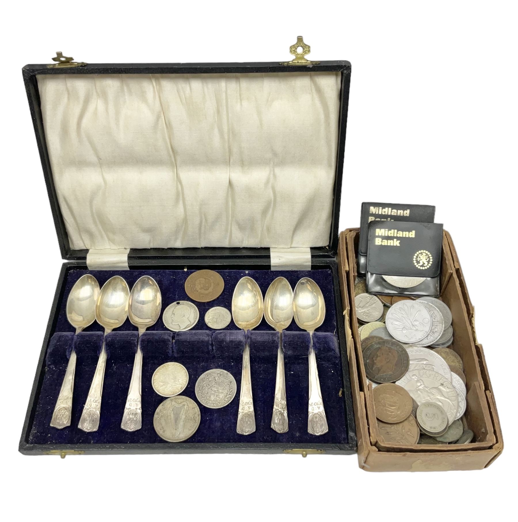 Five silver Coronation spoons by R Bond & Co, hallmarked Sheffield 1934 and 1935, together with another further stamped Nc Co, and 1934 Irish silver Florin, Switzerland 1967 1/2 Franc, Sweden 1875 Krona, 1 Franc etc