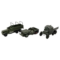 Various Makers - military vehicles comprising Schuco Kubelwagen and two Russian tanks, all boxed; and quantity of unboxed and playworn models including five Crescent Field Guns and Ammunition Limbers, Crescent Heavy Rescue Crane, Johilco Mobile Searchlight, Britains German Army BMW Combination, two Skybirds trucks etc; and a tin-plate armoured car.