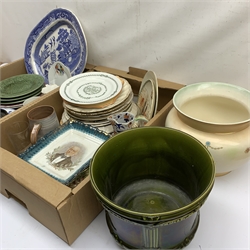 A selection of various ceramics, to include two Victorian jardinières, assorted transfer printed political wares, three Victorian leaf plates, a blue and white Ironstone Willow pattern platter, Ironstone jug, Prattware pot lid detailed The Prince Consort, etc. 
