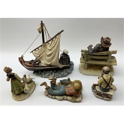 Collection of Capodimonte figures, comprising 'Home and Dry' H33.5cm, girl feeding geese H19cm, cobbler H17cm, boy lying down H11cm, and a Naples figure of man on a bench H27cm.   