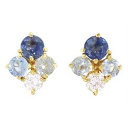 Pair of gold aquamarine, sapphire and diamond earrings, each stud set with a single sapphi...