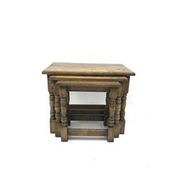 Traditional distressed light oak rectangular nest of three tables, turned legs, W59cm, D33cm, H47cm