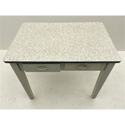Mid 20th century painted wooden side table fitted with two drawers with marble effect formica top