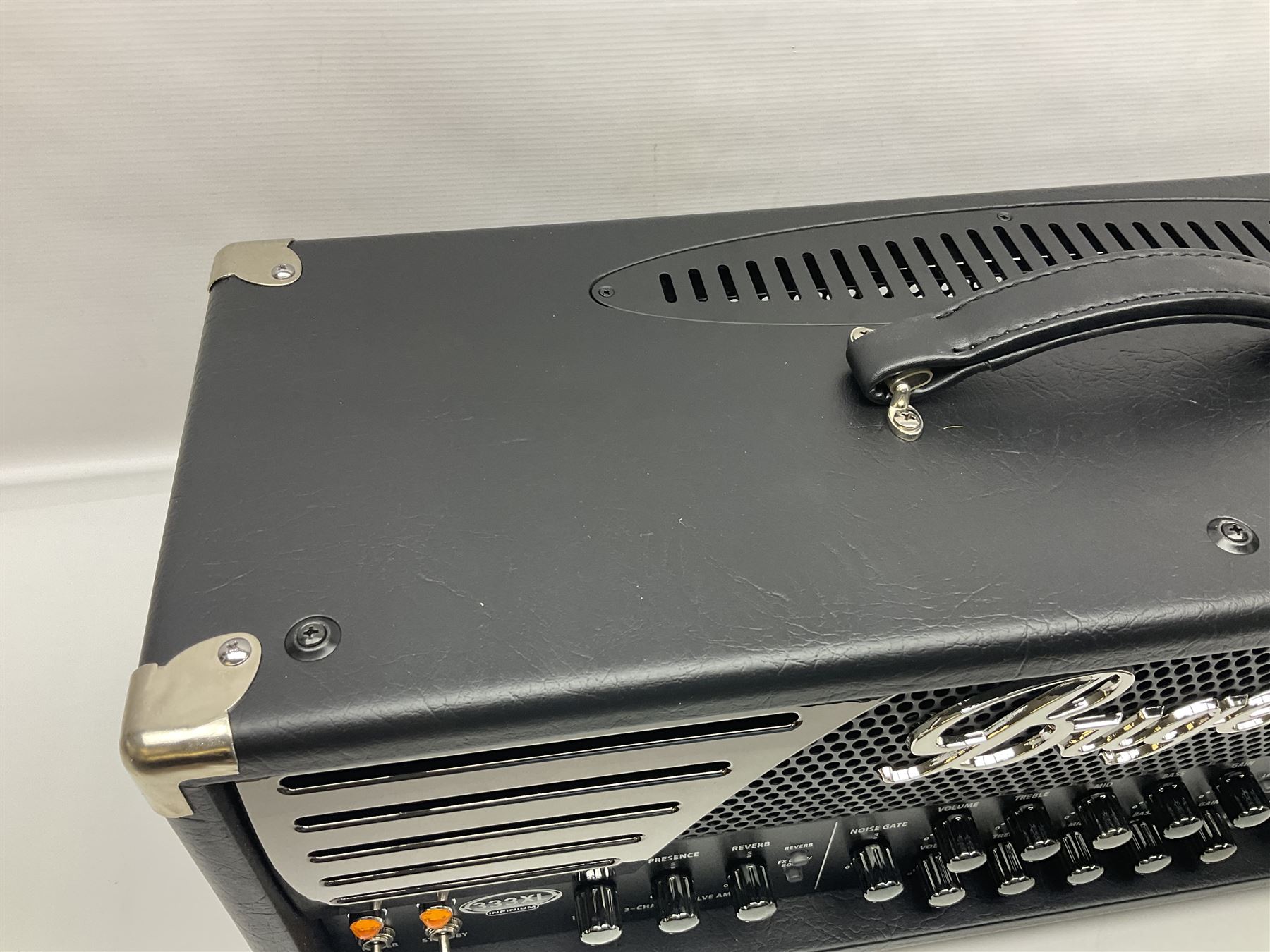 As new Bugera 333XL Infinium Hardcore 120-watt 3-channel tube amplifier head with reverb and Infinium tube life multiplier; date code 1507; number S1500576AAC L69cm; boxed with foot controller, power cable and paperwork