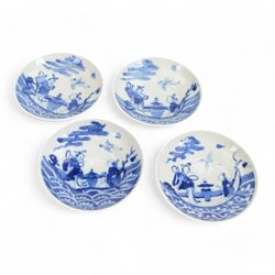 Pair of Chinese blue and white tea bowls, one with cover and four saucers, depicting two figures on a boat at sea, tea bowl H7cm