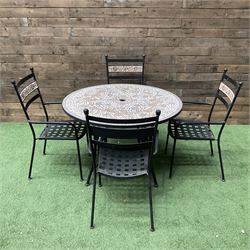 Mosaic and black metal circular garden table and four chairs - THIS LOT IS TO BE COLLECTED BY APPOINTMENT FROM DUGGLEBY STORAGE, GREAT HILL, EASTFIELD, SCARBOROUGH, YO11 3TX