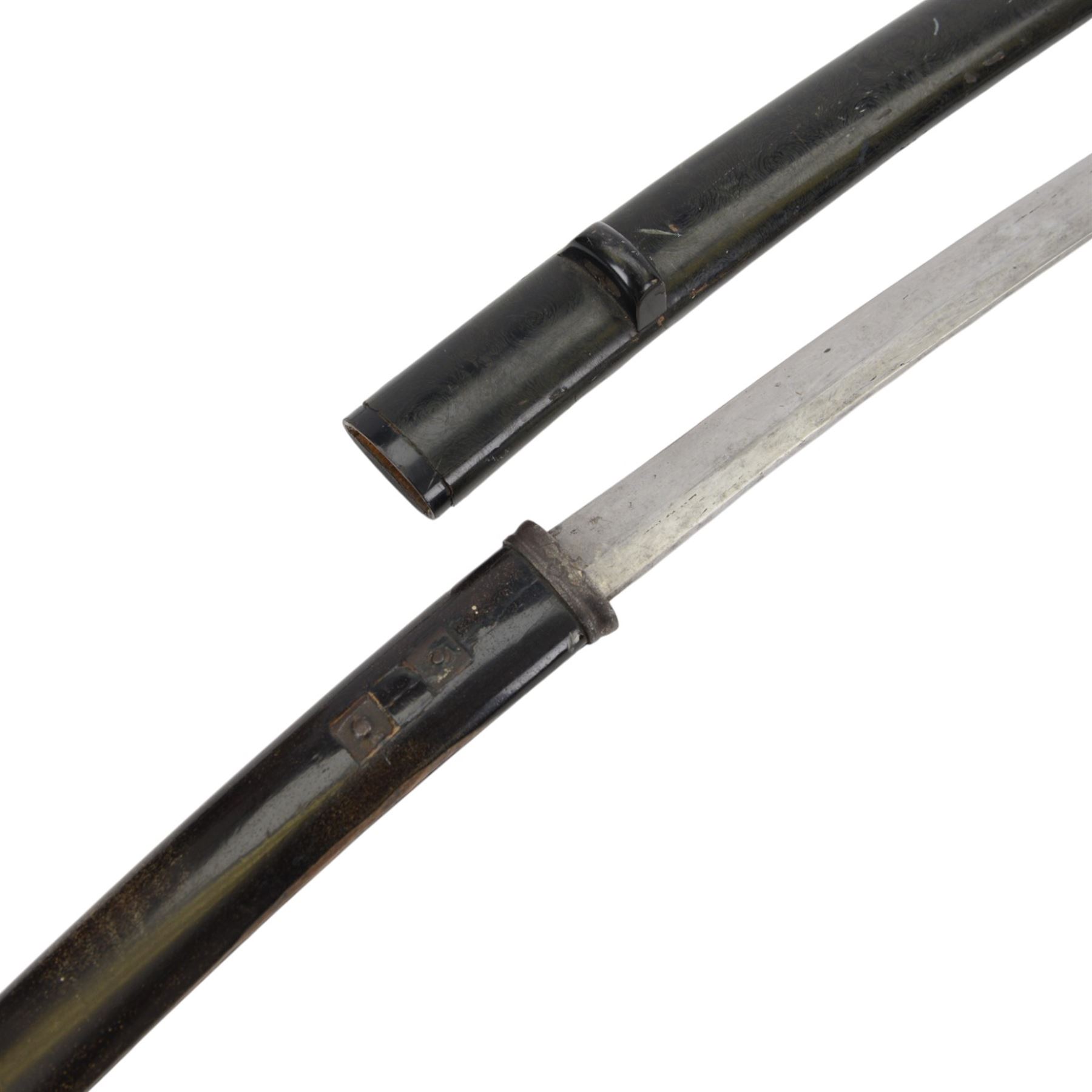 Replica Japanese katana with 63cm curved single edged blade in scabbard, overall L93cm, together with dagger with brass handle in a leather scabbard 