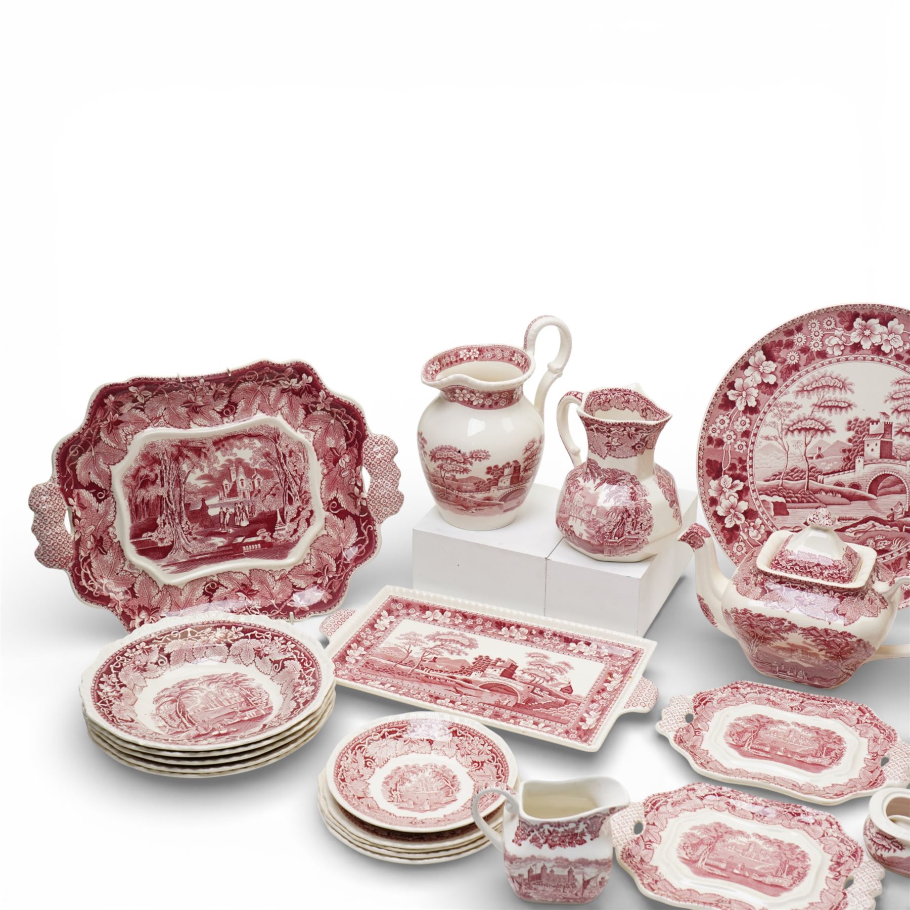 Large quantity of Masons Ironstone 'Vista' pattern tablewares, comprising three teapots, three serving dishes, three jugs, twenty two plates of various sizes, etc, together with a small collection of Spode 'Pink Tower' pattern wares