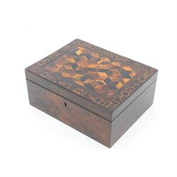 19th century Tunbridge ware marquetry box, the hinged cover decorated with tumbling blocks in specimen timbers and hardwood, within a star border, H10cm W23.5cm D18cm