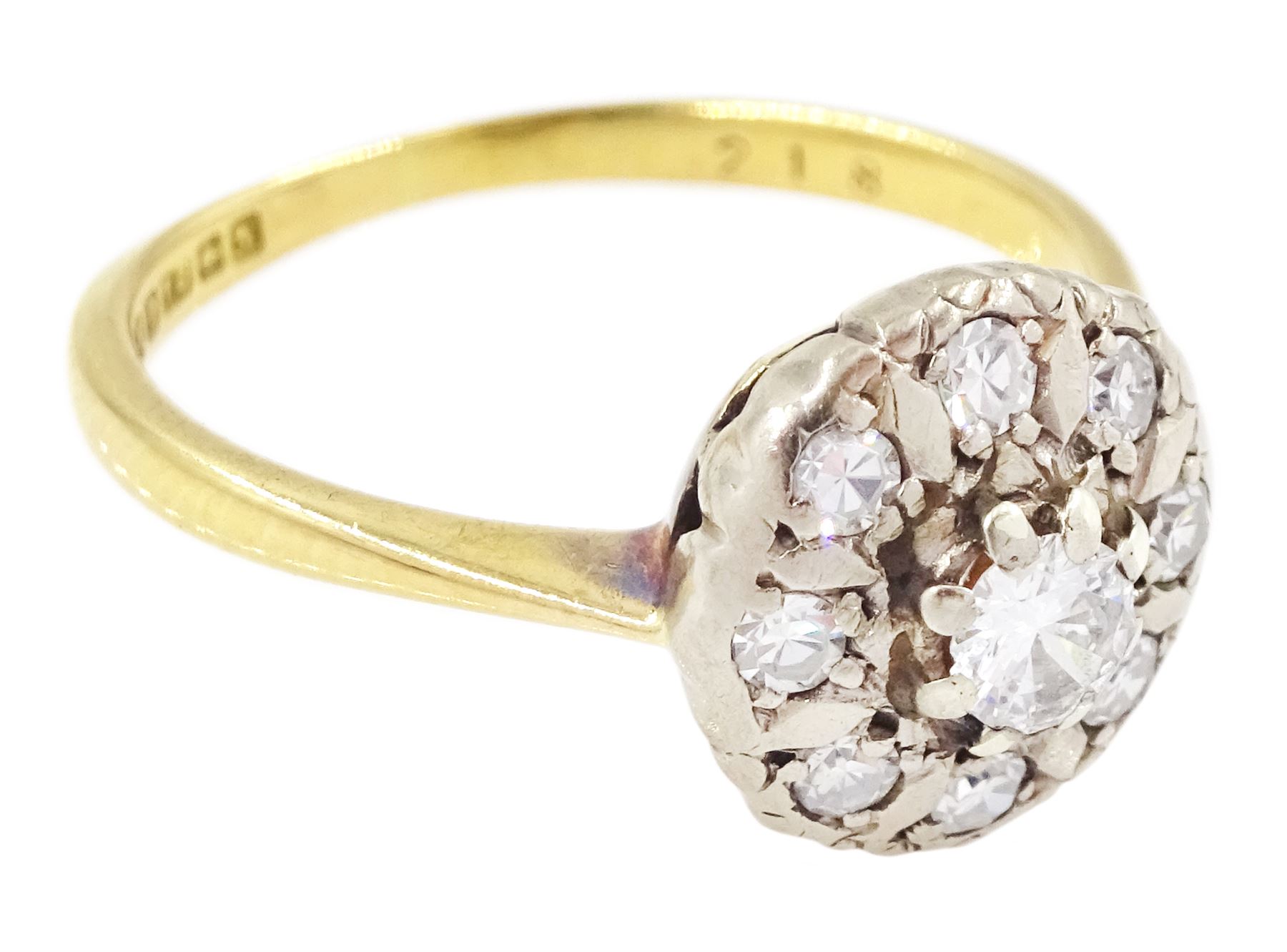 18ct gold diamond cluster ring, single round brilliant cut diamond surrounded by eight single cut diamonds, Birmingham 1962, total diamond weight approx 0.30 carat