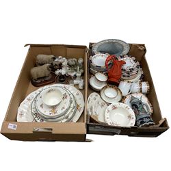 Two Border Fine Arts figures of sheep, Royal Doulton Old Leeds Spray pattern dinner wares, Crested Ware, Beswick figure of a cat, Imari pattern style tea wares, studio pottery etc in two boxes