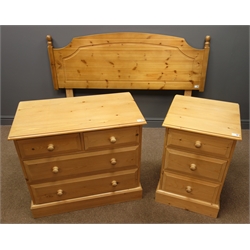  Solid pine chest fitted with two short and two long drawers, turned handles, (W82cm, H1cm, D46cm), matching three drawer bedside chest,(W46cm, H1cm, D46cm) and double headboard (W150cm)  