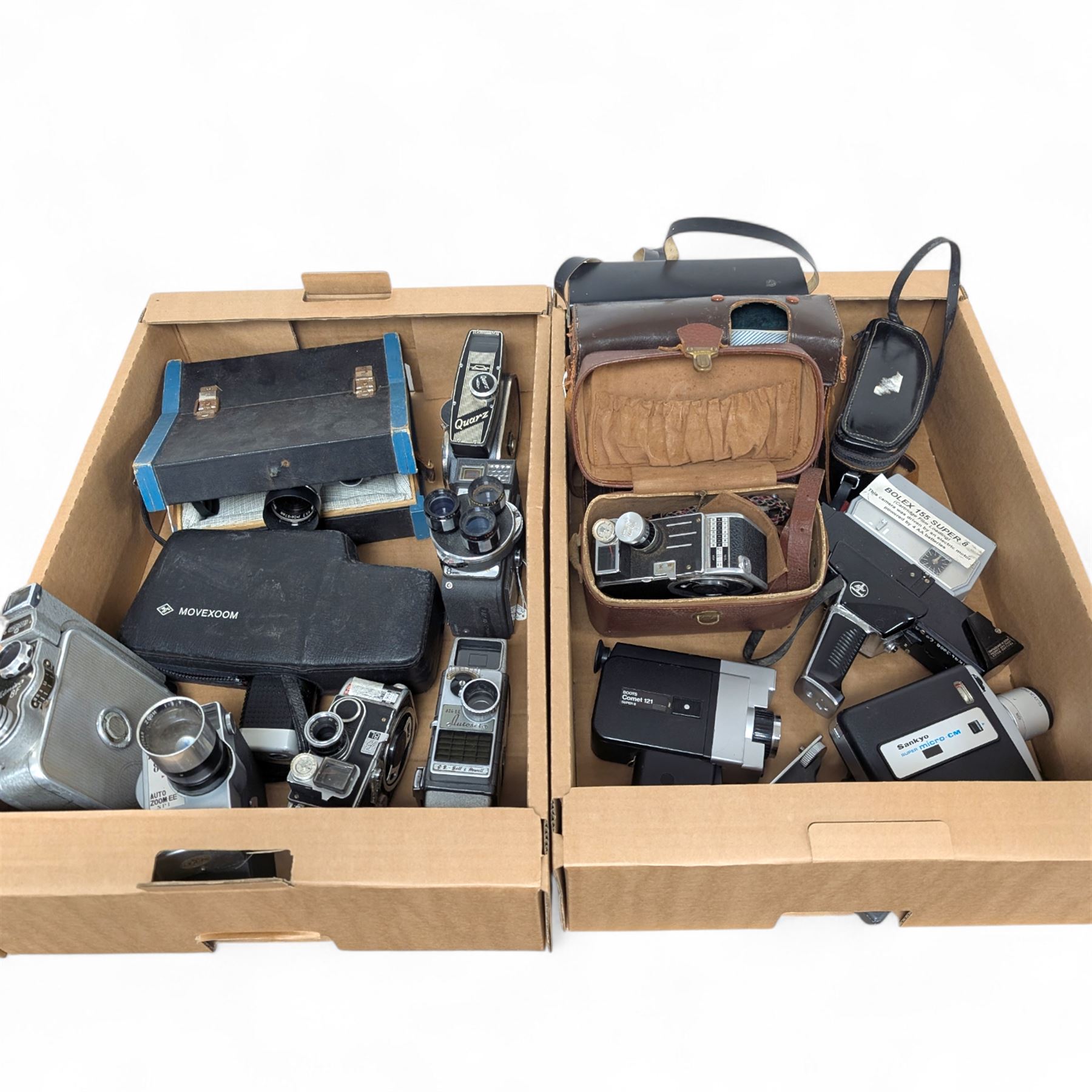 Collection of vintage cine cameras, including Bolex Paillard B8L, Mansfield Holiday Meter Matic, Quarz, Bell & Howell Autoset, Sankyo Super Micro, Canon Demi C, Agfa Movexoom, etc