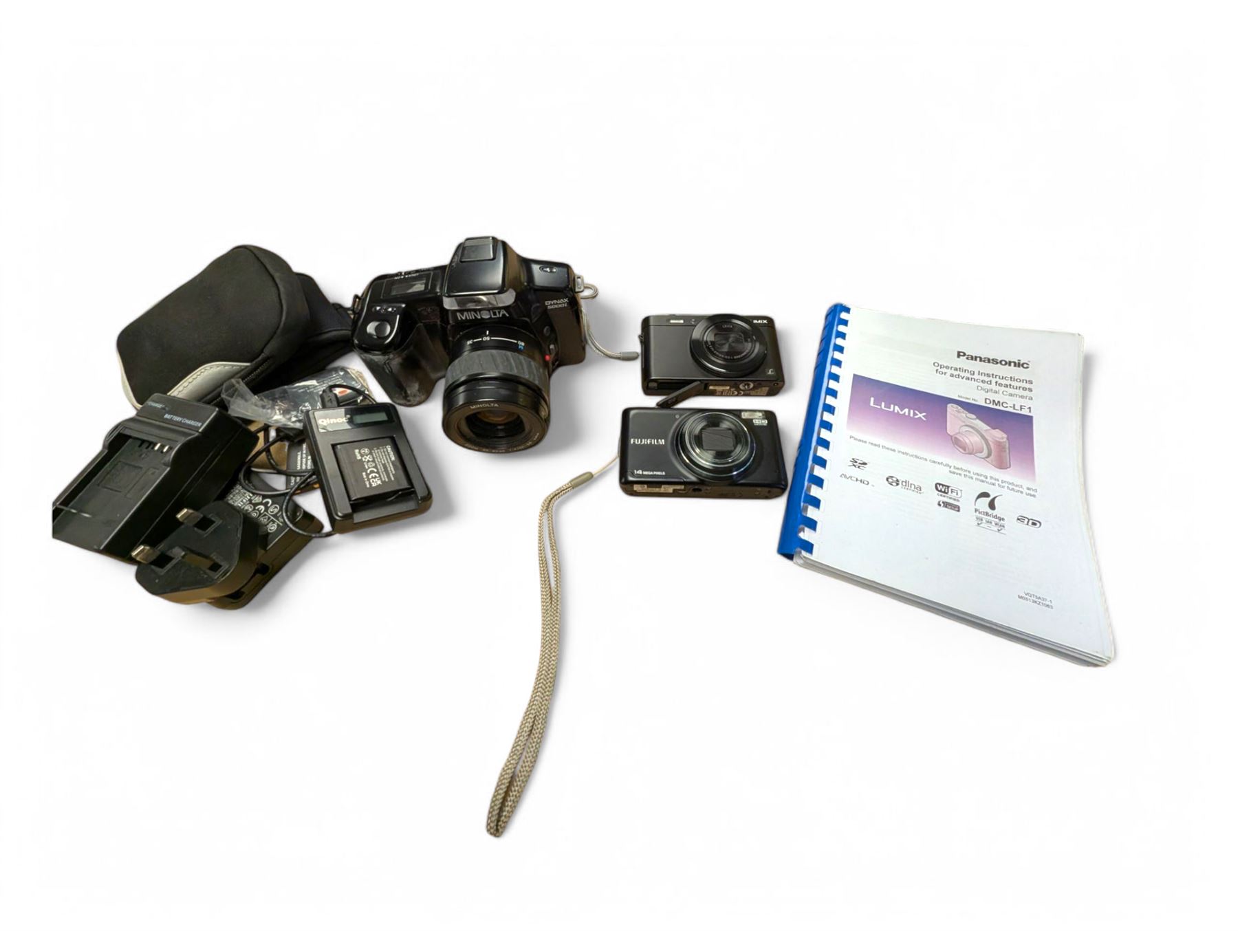 Panasonic Lumix DMC-LF1 digital camera, with charger and instruction booklet, together with a Minolta Dynax 5000i SLR camera body with a Minolta AF Zoom 35-80mm 1:4 (22)-5.6 lens, and a Fujifilm Finepix T digital camera