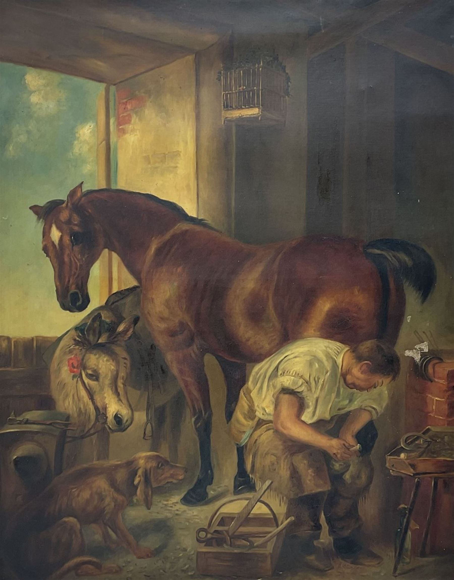 Dora C Swinden after Sir Edwin Landseer (British 1802-1873): 'Shoeing', large oil on canvas, signed and dated 1905 verso 118cm x 92cm