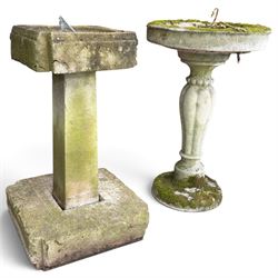 Weathered cast stone birdbath, circular bowl over a lobed baluster pedestal on circular base; weathered cast stone sundial of squared form with re-entrant corners and removable metal sundial with personified death motif