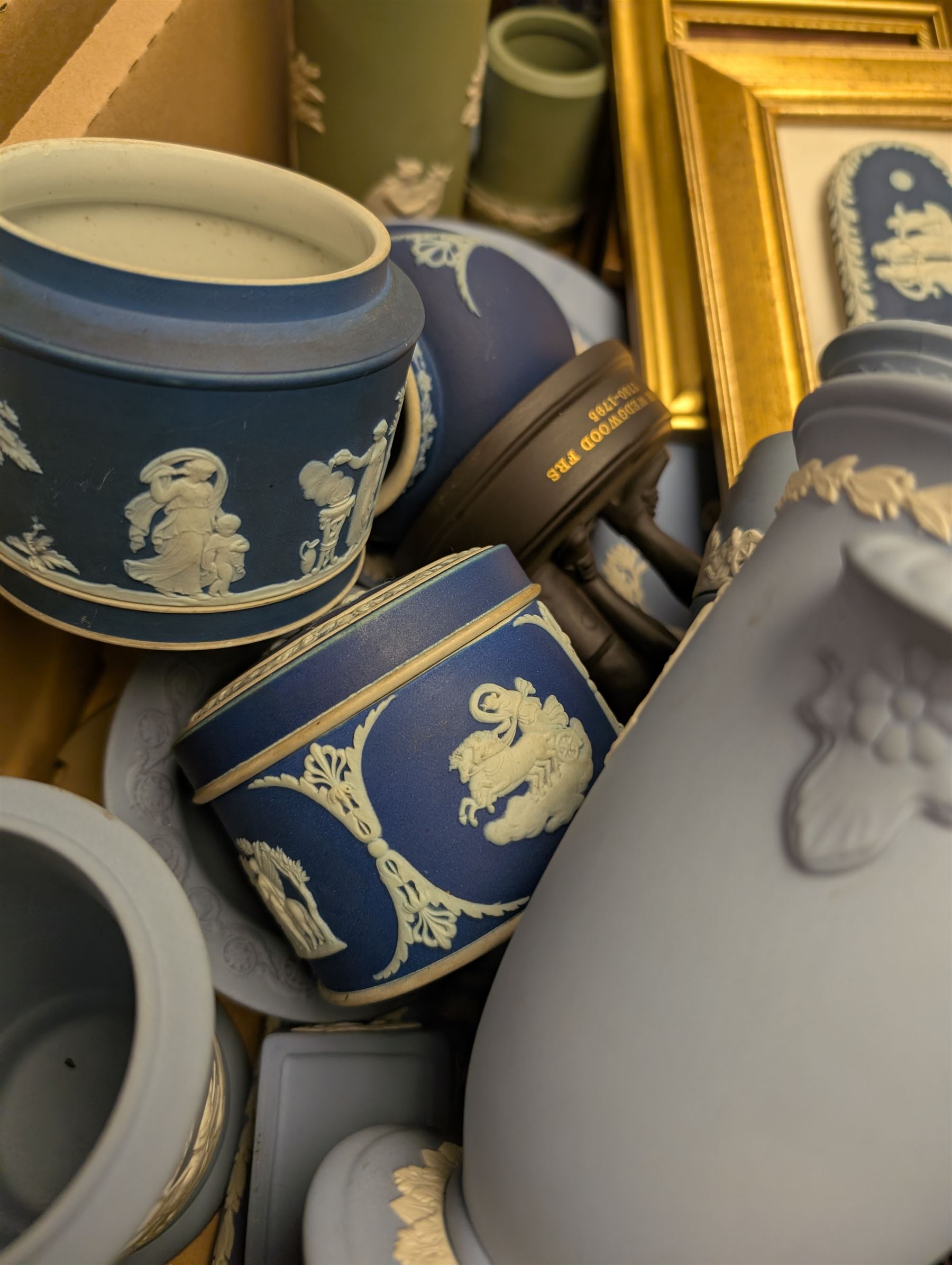 Collection of Wedgwood Jasperware, including vases, jars, framed plaques, etc and Josiah Wedgwood figure