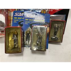 Star Trek - Eaglemoss Official Starships Collection three unopened issue No.1 and Issue No.2; five boxed Fabbri metal figures; and four carded action figures; together with Dr. Who - Eaglemoss Official Figurine Collection unopened Issue No.1; Dr. Who Monster Invasion parts 2 & 3, both unopened; four Dapol carded Dr. Who action figures and two others.