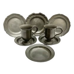 Group of 19th century pewter comprising, set of three H Kamphof Dutch pewter dishes, three other  dishes and two goblets 