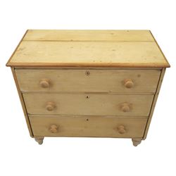 Victorian stripped pine chest, fitted with three drawers, turned wooden handles, raised on turned legs