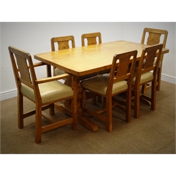  Yorkshire Oak - 'Catman' rectangular dining table, adzed top with solid end supports, single stretcher, shaped sledge feet (W158cm, H76cm, D87cm) and six (4+2) chairs, solid splat with carved rose, upholstered seat (W58cm) by Chris Checksfield: Whitby (retired) (ex Gnomeman)  