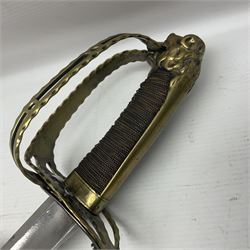 Late 18th century French 1st Empire Troupe a Pied Petit Montmorency Branch Tournante officer's sword, with 72.5cm slightly curving fullered blade, pierced brass hilt with lockable swivelling bar, fully wire-bound grip with lion head pommel, L88cm overall (no scabbard)