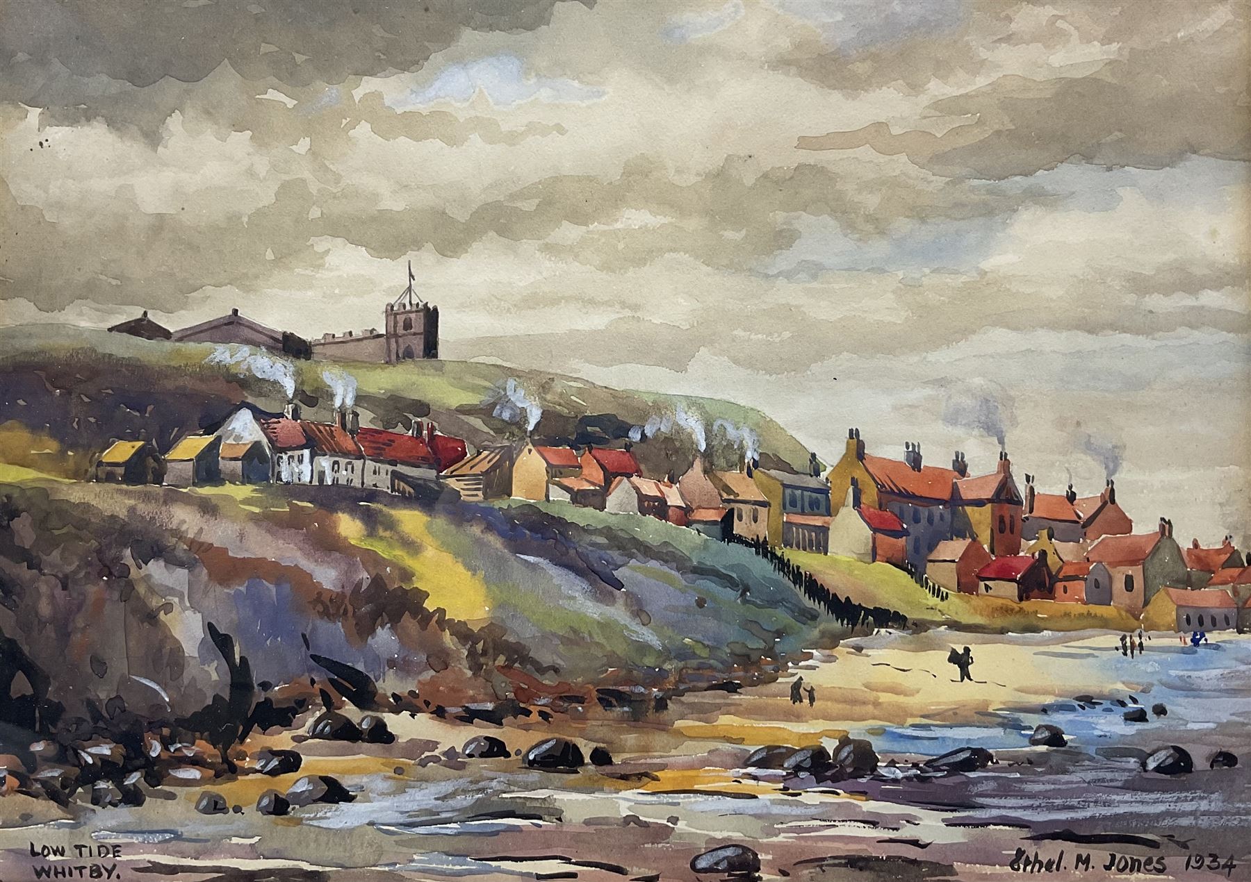 Ethel M Jones (British 19/20th Century): 'Low Tide - Whitby', watercolour signed titled and dated 1934, 18cm x 24cm Notes: Ethel was the wife of Pudsey artist Fred Cecil Jones RBA (1891-1956)