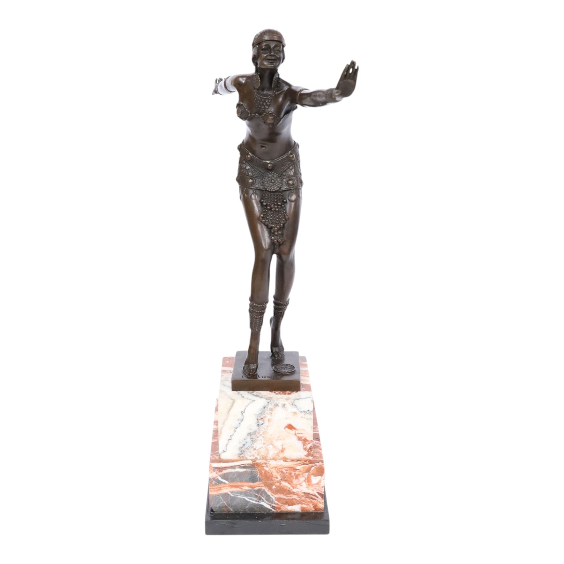 After Demétre Haralamb Chiparus (Romanian 1886-1947): Art Deco style bronze figure modelled as a dancer with outstretched arms, signed to the stepped bronze base and also bearing foundry stamp, upon a tapering marble plinth, overall H49cm
