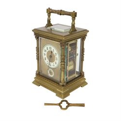 French - 8-day striking carriage clock with alarm and repeat functions, c1900,  case of architectural form with swing handle, gilt dial mask alarm setting dial and enamel chapter, Arabic numerals and blued steel hands, rack striking movement, striking the hours, half-hours and repeat on a coiled gong, with a silvered lever platform escapement, in running condition with key, 14.5cm high 10.5cm wide