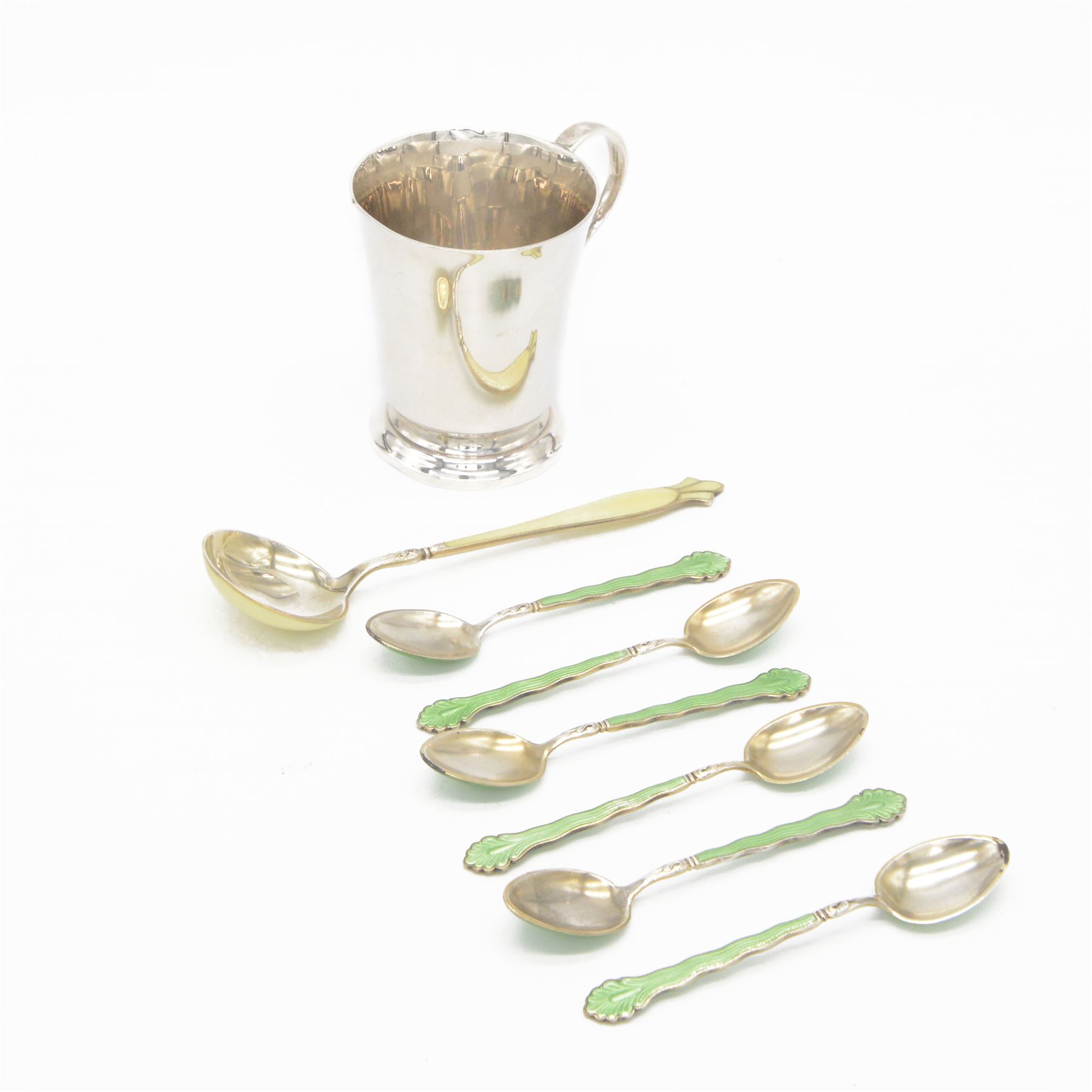 Set of six Scandinavian silver demitasse spoons decorated with green guilloche enamel, stamped 925s, together with a similar Scandinavian silver spoon in yellow guilloche enamel and 1950's silver christening cup, hallmarked J B Chatterley & Sons Ltd, Birmingham 1959, cup H7cm  