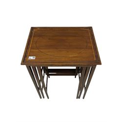 Edwardian mahogany wall hanging corner display cabinet, projecting dentil cornice over astragal glazed door (W56cm, H93cm), and an Edwardian mahogany nest of three tables (46cm x 36cm, H60cm)