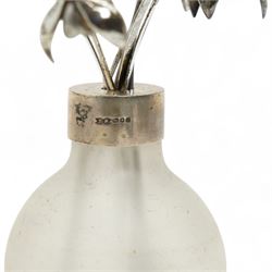 Frosted glass vase with silver collar containing silver snowdrops and leaves H11cm overall London 1998 Makers Mark TP