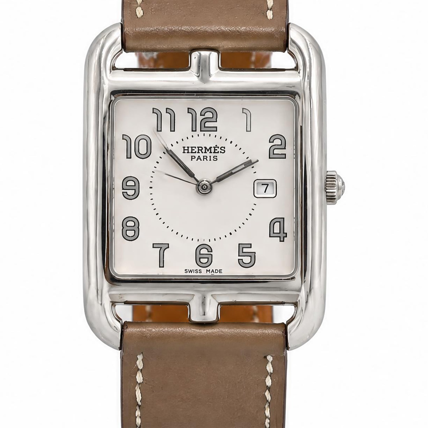 Hermès Cape Cod ladies stainless steel quartz wristwatch, Ref. CC2.710, white / silvered dial with Arabic hour markers, on taupe leather strap, boxed with guarantee dated 2011