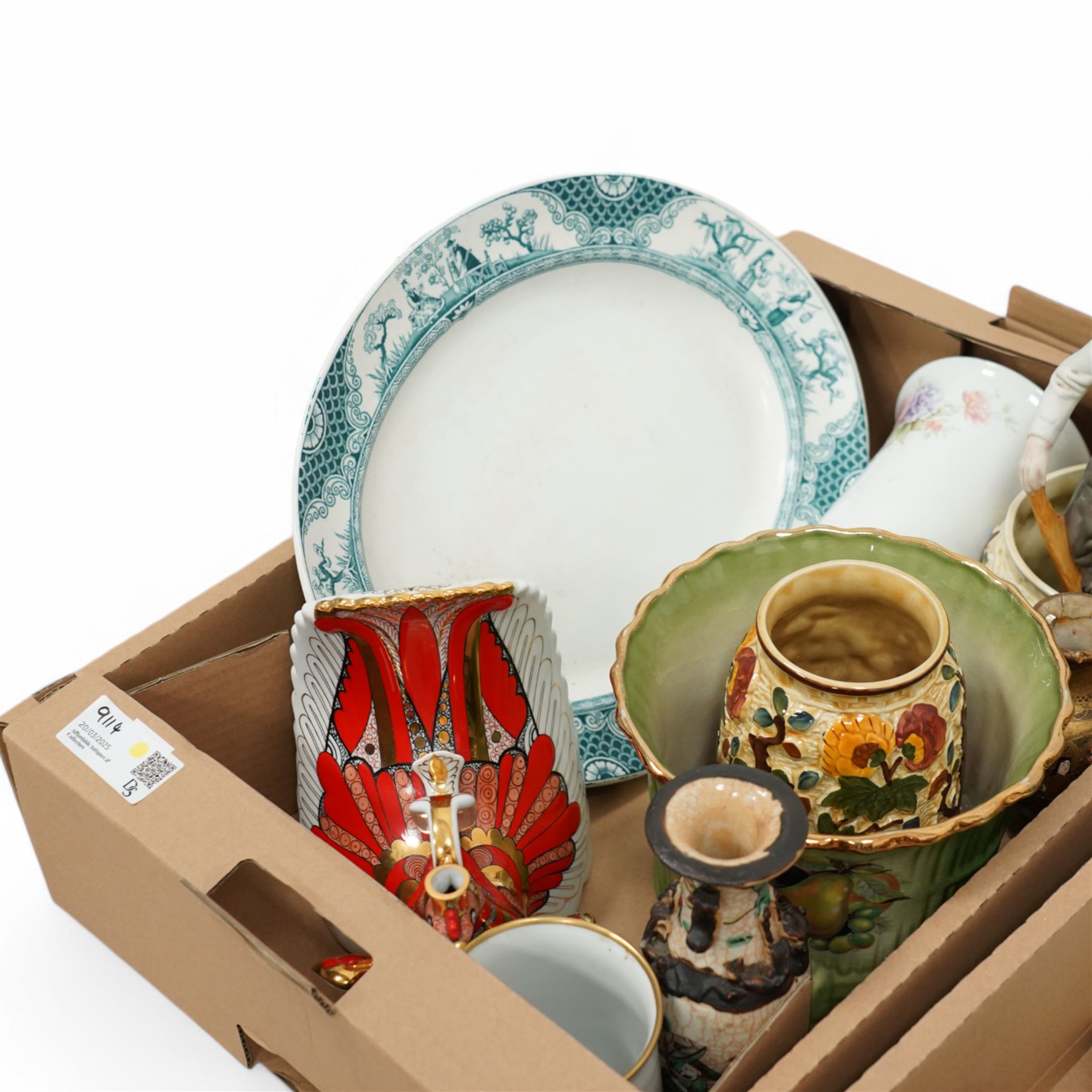 Lomonosov Russia Porcelain Wine Decanter in Red Firebird pattern, Staffordshire ironstone planter, meat plate, Leonardos figures and other mixed ceramics and smalls, contents between four boxes