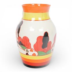 Wedgwood Bizarre by Clarice Cliff, Lotus Jug Farmhouse, hand painted based upon an original, limited edition 26/250, with certificate and box, H21cm 