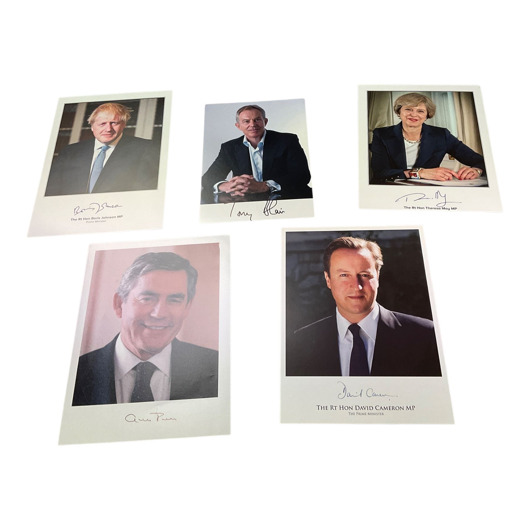Five signed photographs of ex British prime ministers, comprising Boris Johnson, Tony Blair, Theresa May, Gordon Brown and David Cameron   
