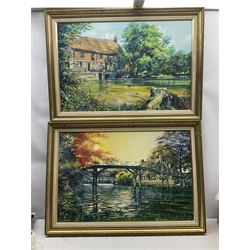 M Nichols (British 20th century): River Landscape with Tudor Cottage and Bridges, pair oils on canvas signed and dated 1987,  50cm x 75cm (2)