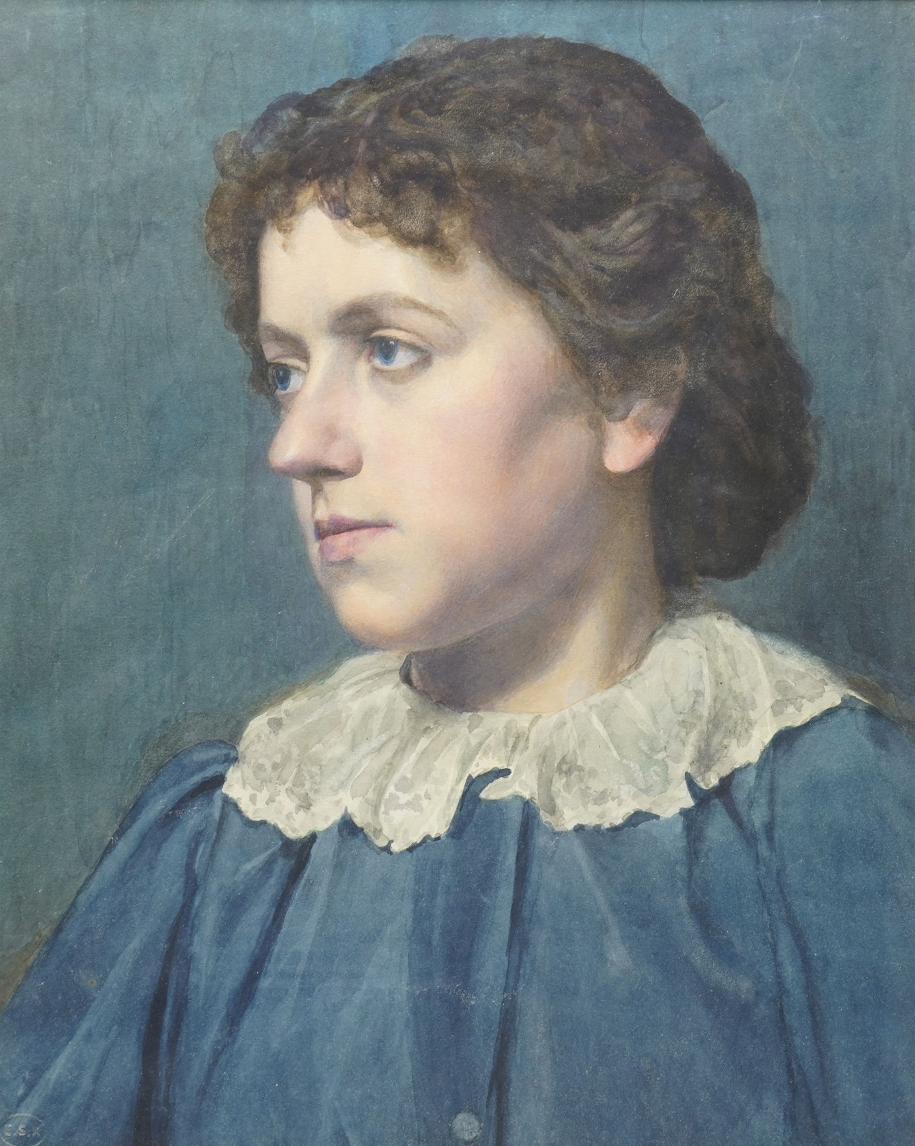 English School (Late 19th century): Portrait of a Boy Wearing a Tunic and Lace Collar, watercolour unsined, stamped ESK 40cm  x 33cm