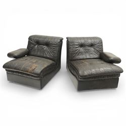 Mid 20th century leather upholstered two-piece sectional sofa with footstool, buttoned back cushions with stitched panel decoration, padded armrests and deep seat cushions, raised on concealed supports