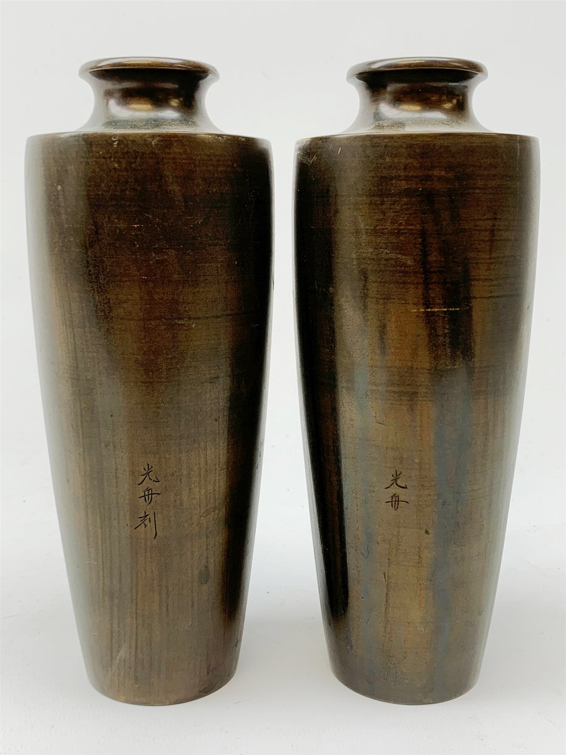 Pair of Meiji Period Japanese bronze vases, c1900, of slender baluster